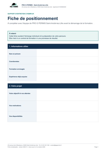 Fiche de positionnement à compléter PRO G PERMIS Saint-André